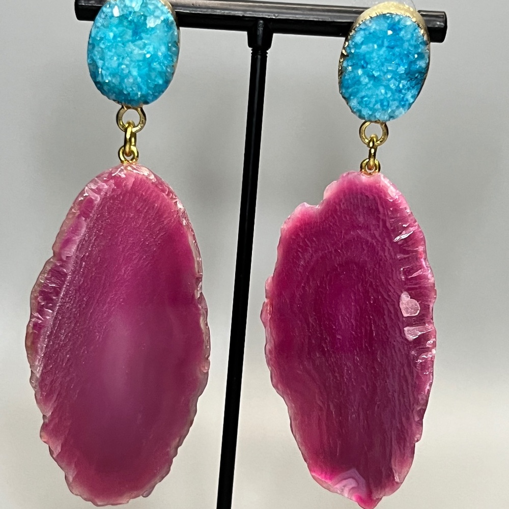Pink Slab Stone Earrings With Turquoise Rough Stone Post